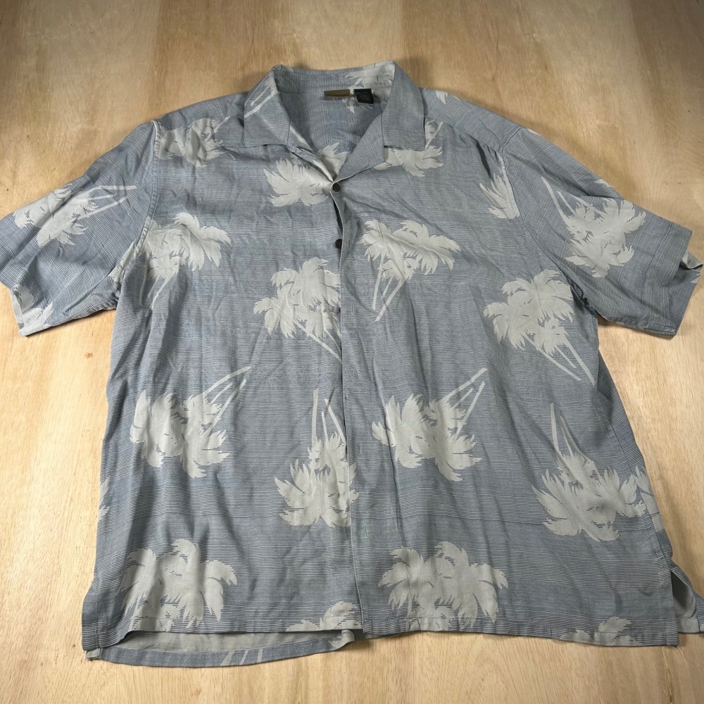 AXIST Mens XL 100% Silk Tropical Palm Tree Striped Blue Short Sleeve Camp Shirt